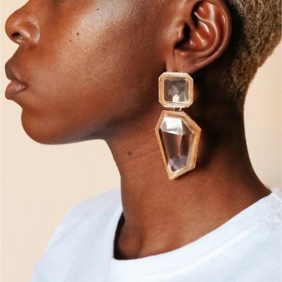 Gold statement earrings Oversized crystal clear geometric cocktail prom 💖 - Picture 8 of 16